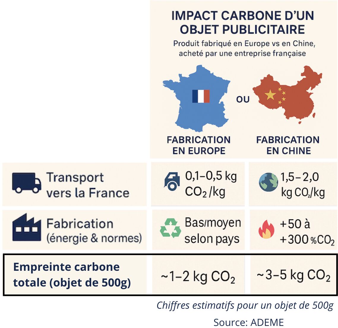Impact carbone comparé d'un objet publicitaire made in Europe Vs. made in China