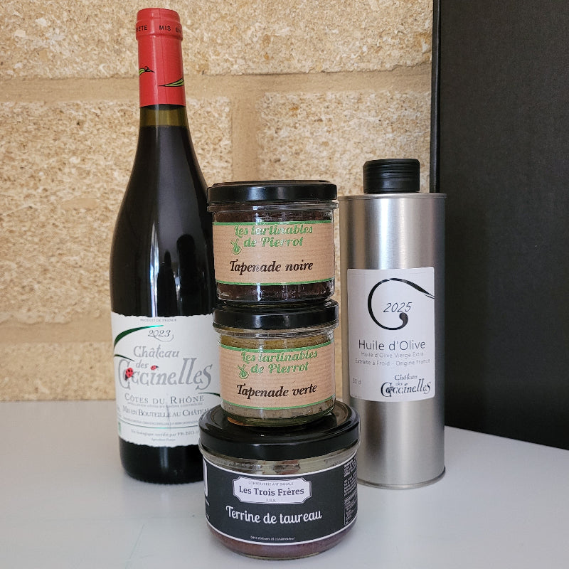 Coffret apéro Vin rouge + Huile d'olive + Tartinables + Terrines Château des Coccinelles® 🇫🇷