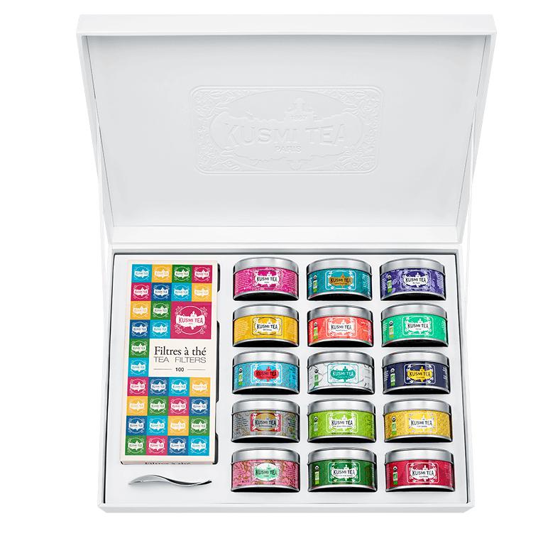 Coffret 15 miniatures de thés et infusions aromatisés + boîte de 100 filtre + cuillère à thé Kusmi Tea®