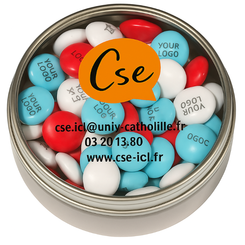 Boîte ronde M&M's 45g personnalisée CSE Université Catholique de Lille
