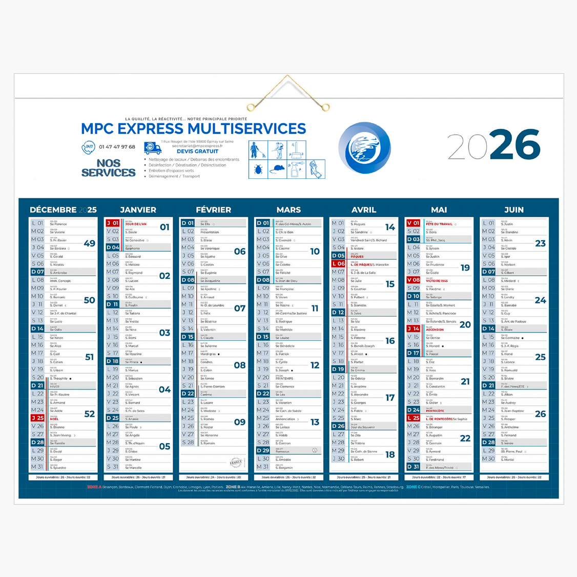 Calendrier mural en carton personnalisable - Le Cadeau Français