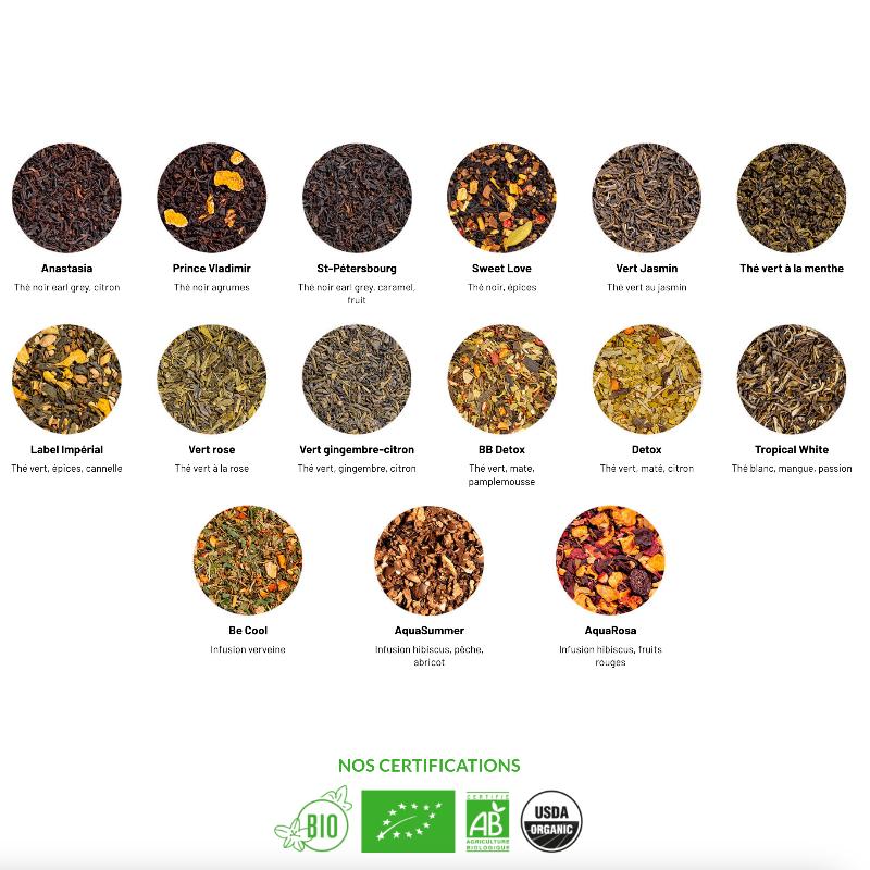 Coffret 15 miniatures de thés et infusions aromatisés + boîte de 100 filtre + cuillère à thé Kusmi Tea®