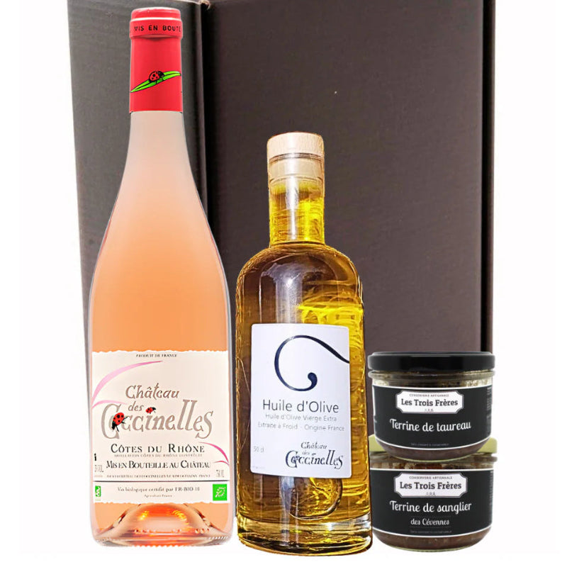 Coffret apéro Vin rosé 75 cl+ Huile d'olive + Terrines artisanales Château des Coccinelles® 🇫🇷