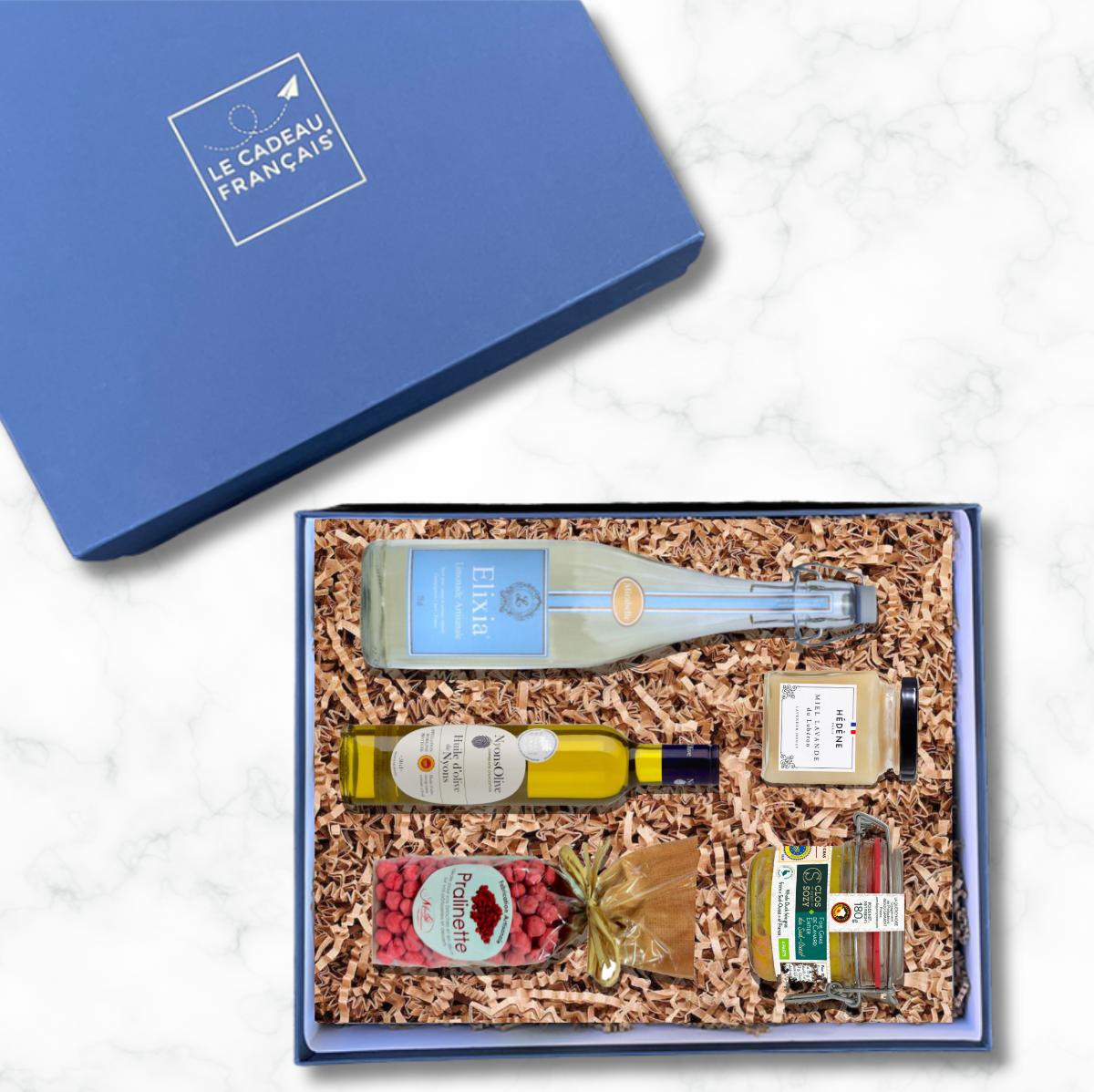 Coffret gourmand entreprise boite cloche bleue Le Cadeau Français