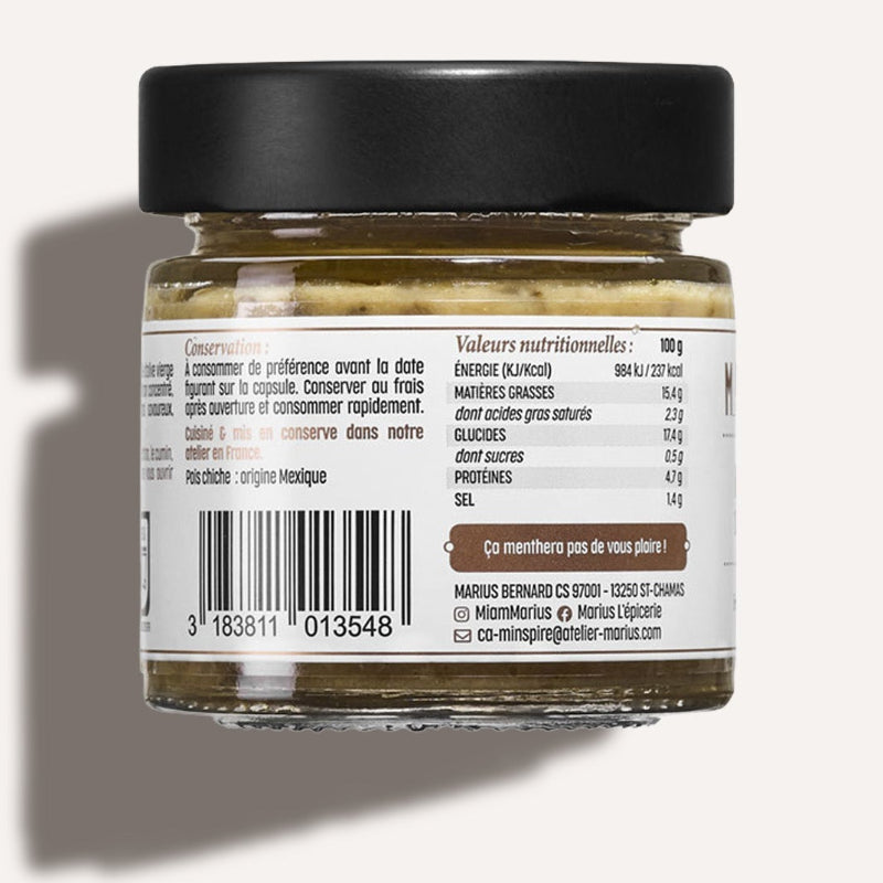 Houmous à la menthe tartinable MARiUS - dos du pot avec étiquette