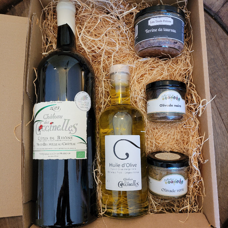Coffret apéro Magnum rouge + Huile d'olive + Tartinables + Terrines Château des Coccinelles® 🇫🇷