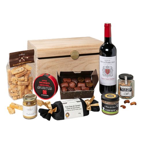 Coffret gastronomique "Le Coffre aux Trésors" vin rouge et épicerie sucrée / salée🇫🇷 - Le Cadeau Français