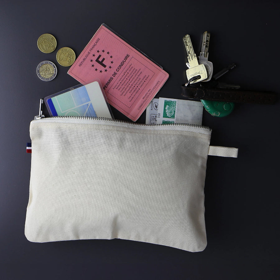 Trousse plate zippée en coton bio écru personnalisable 🇫🇷