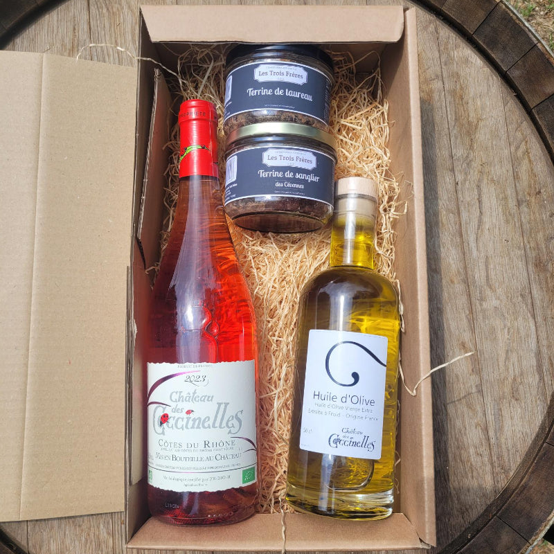 Coffret apéro Vin rosé 75 cl+ Huile d'olive + Terrines artisanales Château des Coccinelles® 🇫🇷