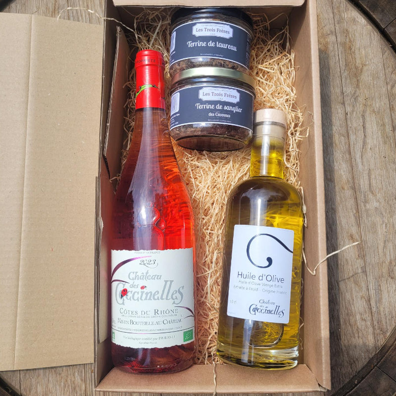 Coffret apéro Vin rosé 75 cl+ Huile d'olive + Terrines artisanales Château des Coccinelles® 🇫🇷