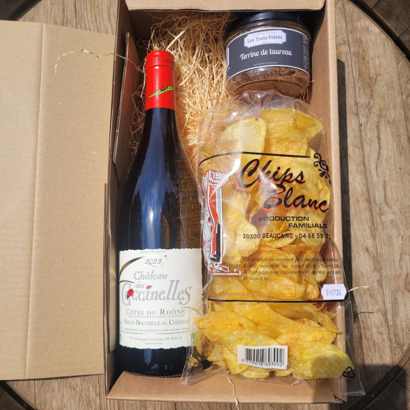 Coffret apéro Côte du Rhône rouge + Chips artisanales + Terrine Château des Coccinelles® 🇫🇷 (Copy)